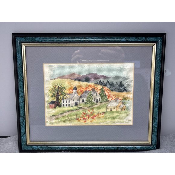 Framed Needlepoint Rural Village Scene Autumn Colors 12" x 10" - Picture 1 of 9